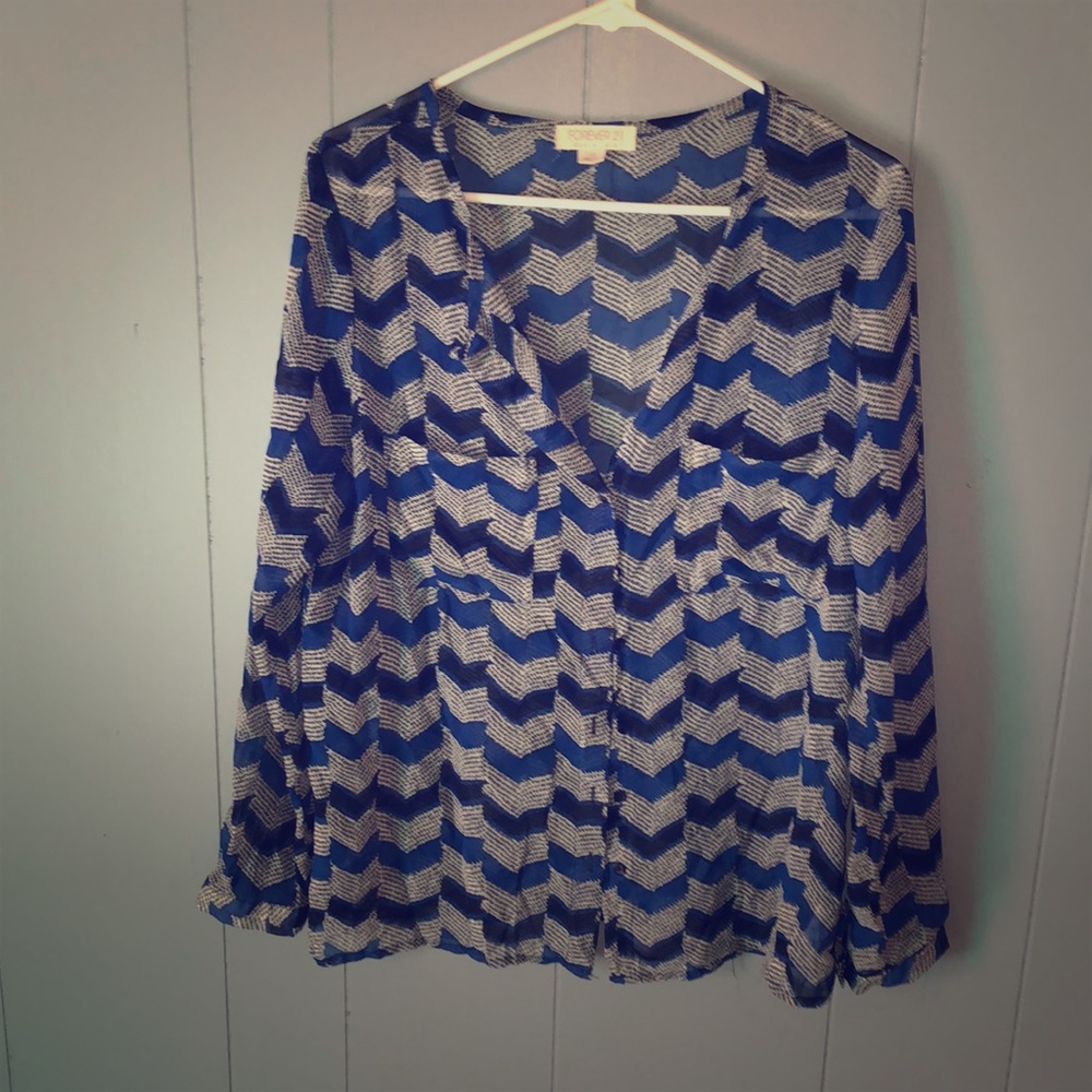 Dark blue white and black sheer button up shirt